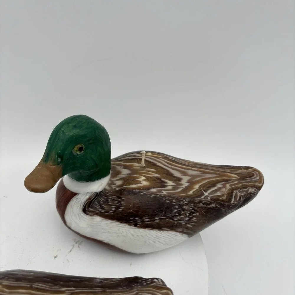 Pair Of‎ Handmade Brown/Green Mallard Duck Candles With Wick Vintage